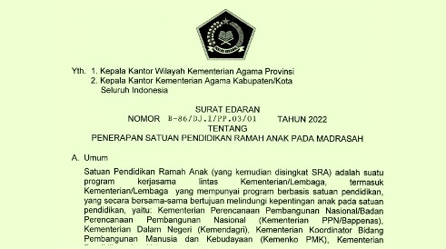 Surat Edaran Dirjen Pendis tentang Penerapan Satuan Pendidikan Ramah Anak Pada Madrasah