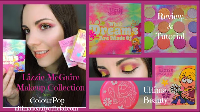 Collage of 6 images: Image 1 Ultima Beauty holding an eyeshadow palette and two blushes, image 2 eyeshadow palette box, image 3 eyeshadow palette of 12 shadows image 4 close up of eyeshadow look image 5 top of lip scrub image 6 blush packaging