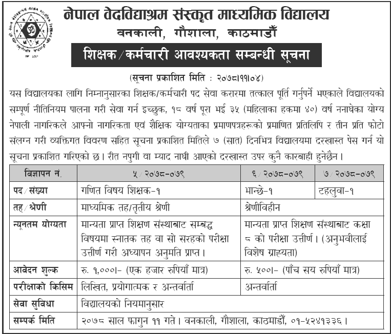 Nepal Vedavidyashram Sanskrit School Vacancy