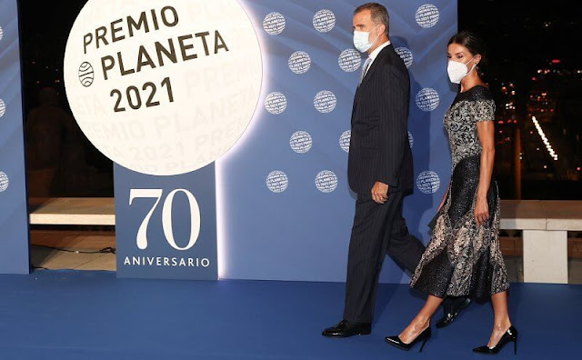 Queen Letizia wore an embroidered dress by Felipe Varela. Prada black pumps. Felipe Varela clutch. de Grisogono earrings