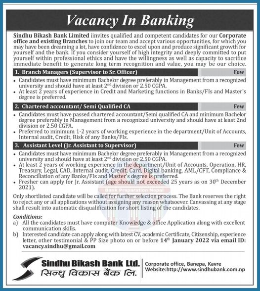 Vacancy from Sindhu Bikash Bank for Various Positons
