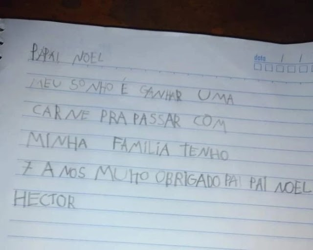 ‘Meu sonho é ganhar uma carne para passar com a minha família’, escreve menino em carta ao Papai Noel