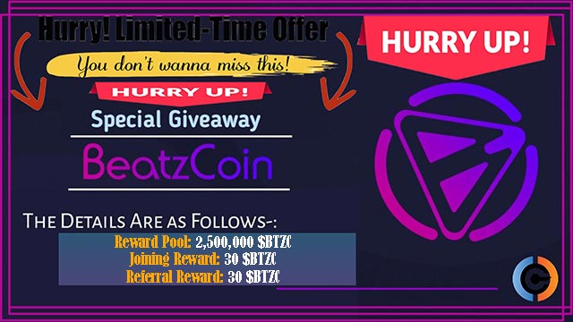 BeatzCoin Airdrop Giveaway of 30 $BTZC Coin Free