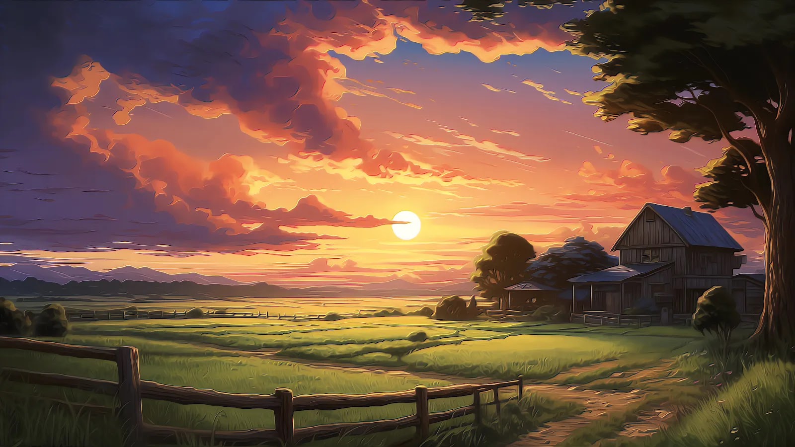 The image shows a painting of a sunset over a farm. A field with a wooden fence stretches across the foreground, leading to a house in the background. The sky is ablaze with vibrant colors, ranging from fiery orange to deep purple.