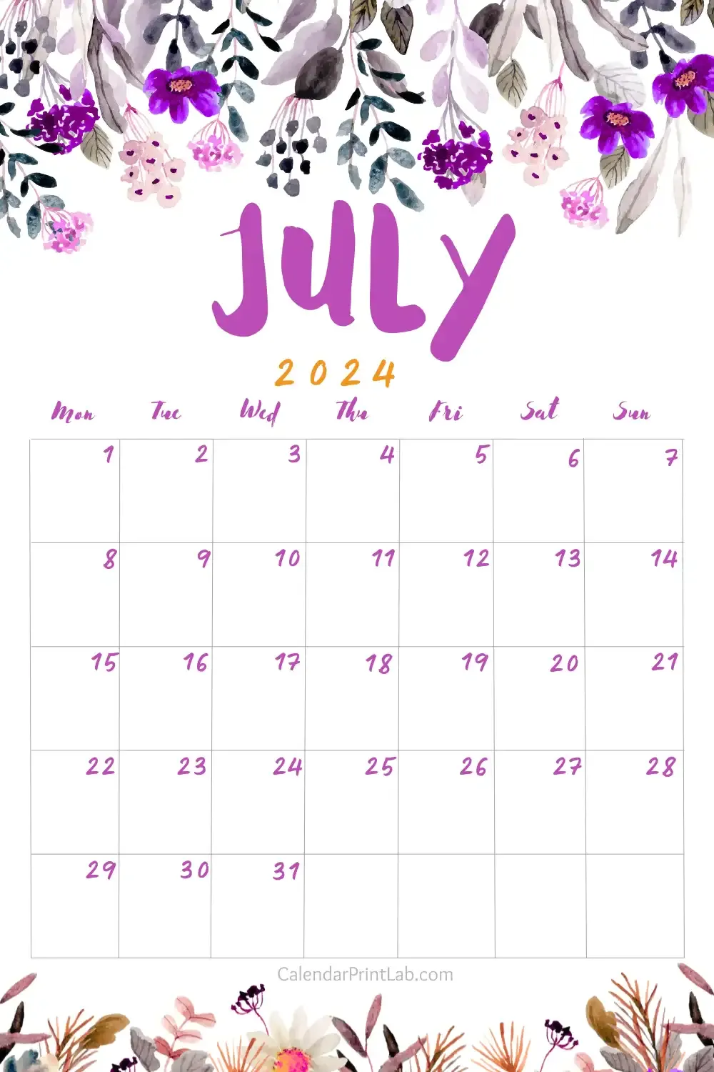 July 2024 Floral Calendar Printable
