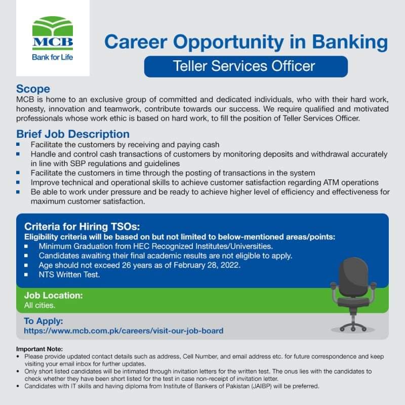 Teller Services Officer Jobs at MCB Bank Ltd 2022