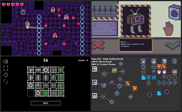 Four images: A few games including Wastoid Rodney, The Faults in our Code, FAZIL, and Spellscriber.