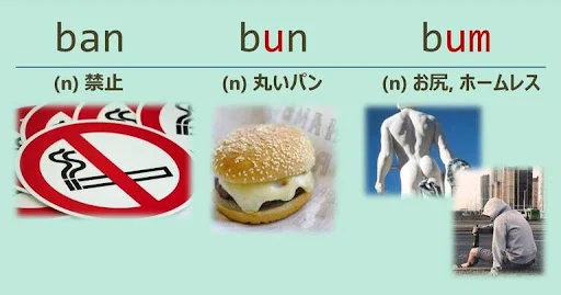 ban, bun, bum, スペルが似ている英単語