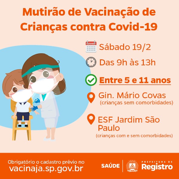 Mutirão de vacinação infantil contra Covid-19 será neste sábado 19/02 em novo horário 
