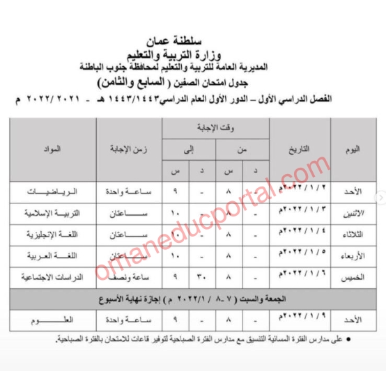 جدول امتحانات الصفوف ( 5-11 ) لمحافظة جنوب الباطنة