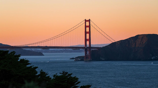 Download golden gate, bridge, twilight, sunset, landscape, river wallpaper.