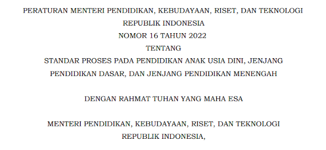 Permendikbud Standar Proses Tahun 2022, Permendikbud Ristek No. 16 Tahun 2022