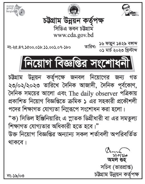 চট্টগ্রাম উন্নয়ন কর্তৃপক্ষ নিয়োগ বিজ্ঞপ্তি ২০২৩ - Chittagong Development Authority CDA Job Circular 2023 -  উন্নয়ন কর্তৃপক্ষ নিয়োগ বিজ্ঞপ্তি ২০২৩ - Development Authority Job Circular 2023 - চট্রগামের চাকরির খবর ২০২৩ - Chattogram chakrir khobor 2023