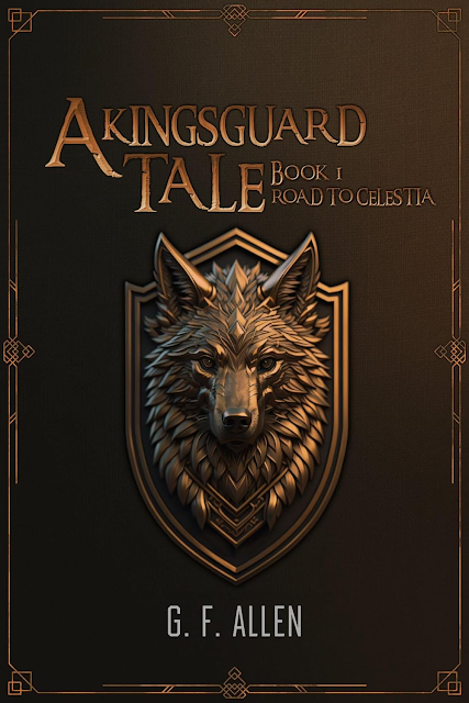 A Kingsguard knight in shining armor kneels protectively beside a cloaked celestial woman. A starry night sky with a swirling portal beckons in the background. (A Kingsguard Tale: Road to Celestia by G.F. Allen)