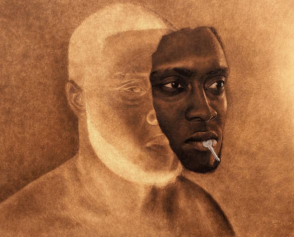 Alex Peter Idoko arte pirografia hiper-realista surreal fogo madeira queimada retratos
