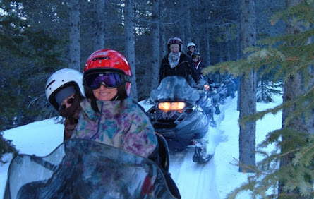 5 people snowmobiling in the forest.
