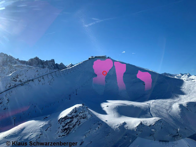 Lawinenabgang Hoadl. Foto im Landeanflug des C1-Hubschraubers. Der Kreis symbolisiert die Verschüttungsstelle des Verletzten. Bei den orographisch linken Lawinen dürfte es sich um  Fernauslösungen gehandelt haben. (Foto: 01.12.2021)