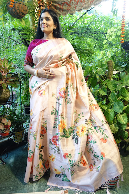 Digital print soft silk powder pink saree