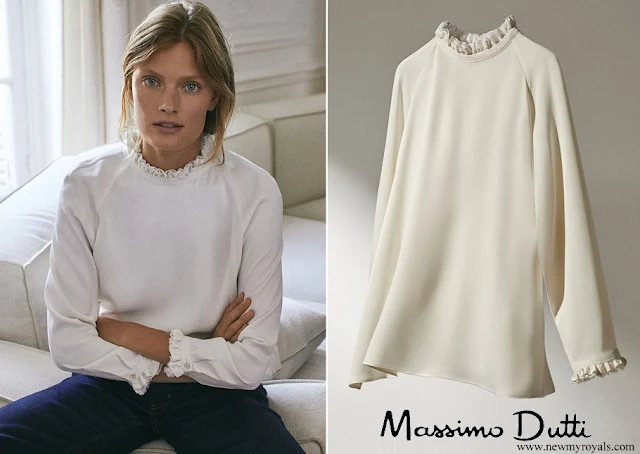 Queen Maxima wore Massimo Dutti Blouse shirt with frilled collar and sleeves