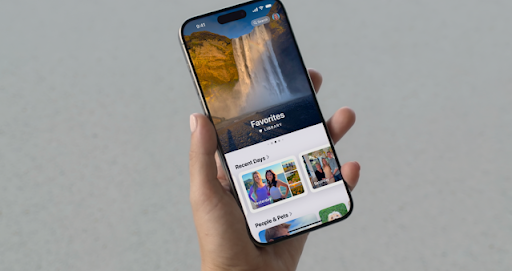 A collage showcasing key features of the redesigned Photos app in iOS 18: unified view with photo grid and library, AI-powered collections