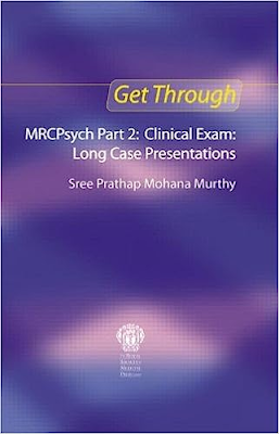 Cover of the book 'Get Through MRCPsych Part 2: Clinical Exam: Long Case Presentations' with a detailed illustration of a human brain, emphasizing the importance of knowledge and skills in the clinical examination for psychiatrists