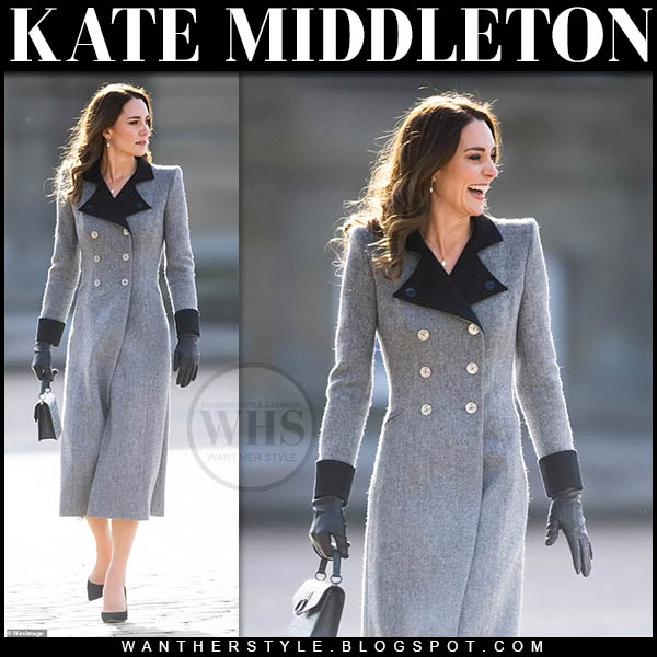 Kate Middleton in grey wool long coat and black pumps