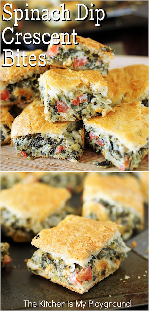 Spinach Dip Crescent Bites ~ All the goodness of spinach dip, baked up between flaky layers of crescent rolls!  Perfect for game day or any party menu.  www.thekitchenismyplayground.com