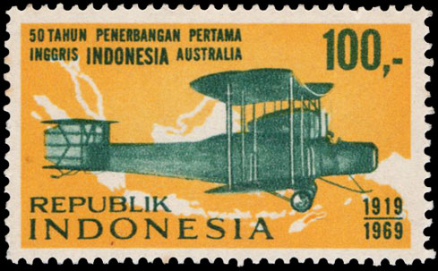 Indonesian Postage Stamp I-125 The 50th Anniversary of 1st England-Australia Flight by Ross and Keith Smith 100 rupiah 1969