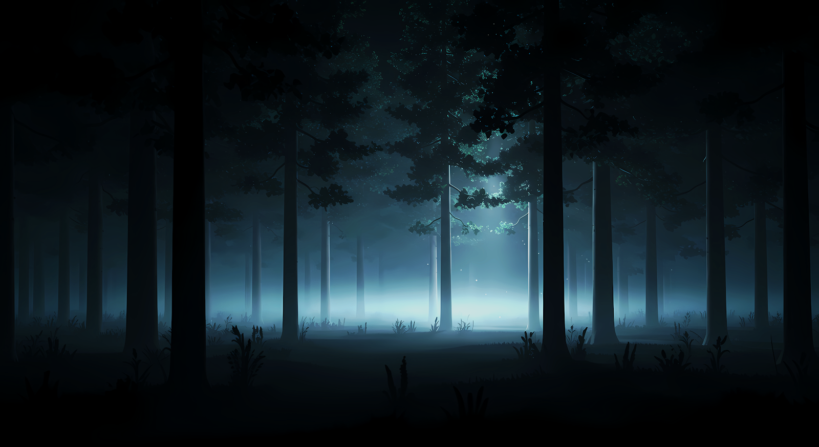 Download 4K eerie light in dark forest wallpaper, featuring a dimly lit forest with a mysterious light source emanating from the center, creating a spooky and atmospheric scene.
