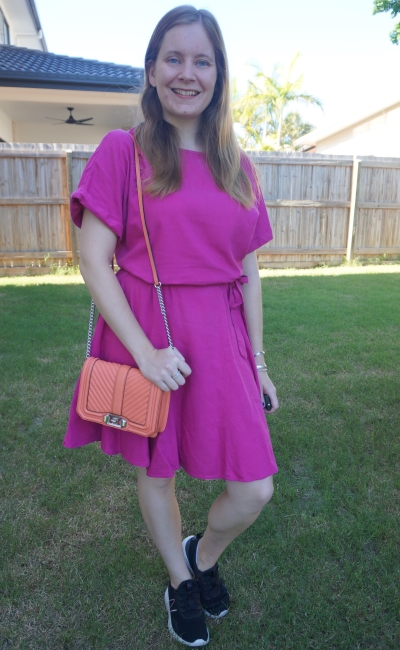kmart linen blend godet skirt fuchsia dress with Rebecca Minkoff chevron quilted small Love crossbody bag in pale coral peach bag | awayfromtheblue