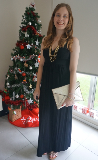 Christmas outfit summer black halterneck thrifted maxi dress with gold multi strand necklace and leo envelope clutch sandals | awayfromblue