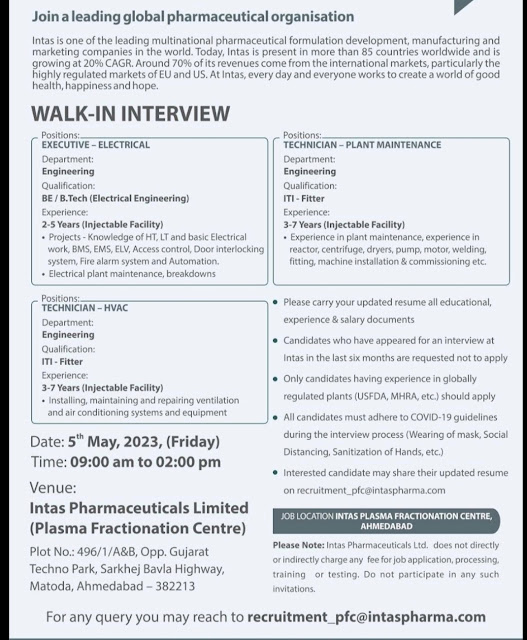 Intas Pharmaceuticals Ahmedabad Walk In Interview For Electrical/ HVAC/ Plant Maintenance - Engineering Department