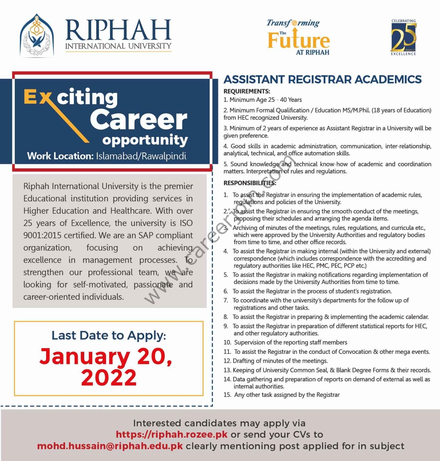 Riphah International University Jobs 2022 in Pakistan