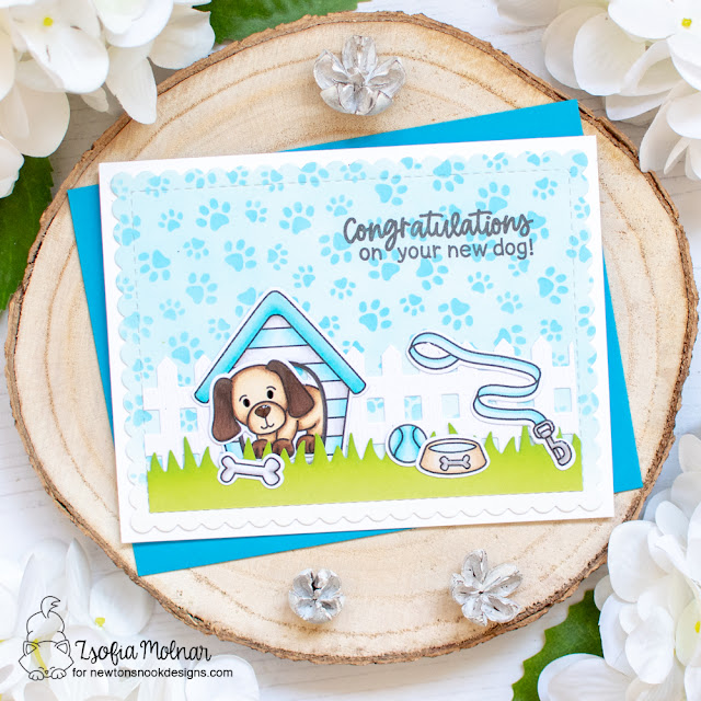 Congratulations on your new Dog Card by Zsofia Molnar | Welcome New Dog Stamp Set, Land Borders Die Set, Fence Die Set and Frames & Flags Die Set by Newton's Nook Designs