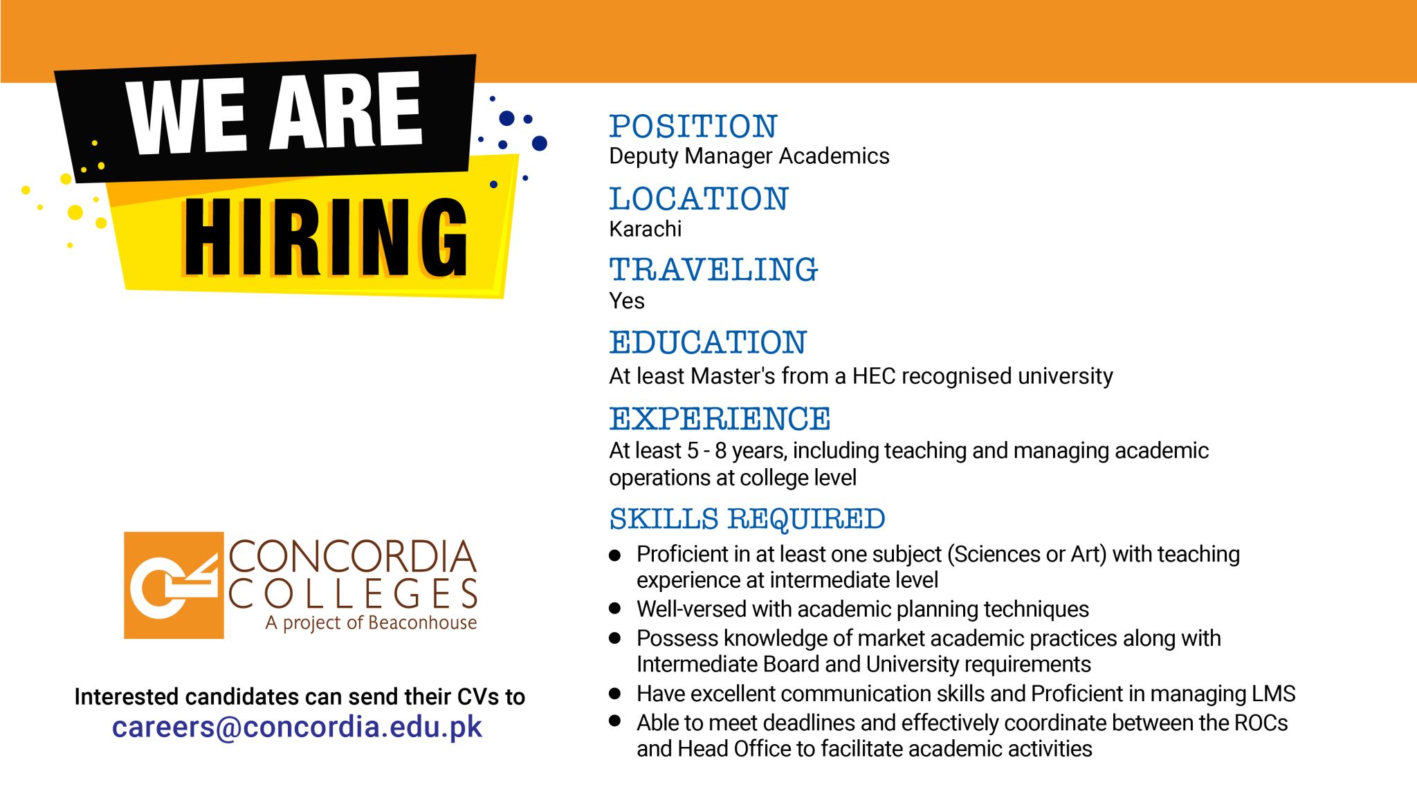 Concordia Colleges Jobs Deputy Manager Academics