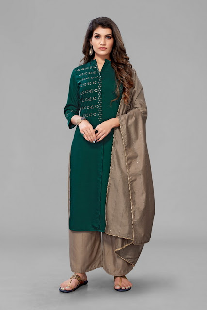 Bottle Green Embroidered Kurta With Palazzo and Dupatta