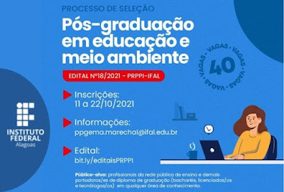 Ifal/AL inicia seleção para pós-graduação em Educação e Meio Ambiente  