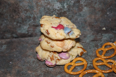 Pretzels, salt & vinegar crisps, white chocolate and Smarties cookies (known as kitchen sink cookies)