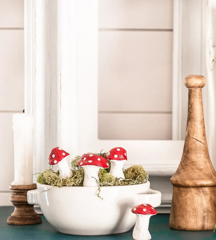 red clay mushrooms in ironstone bowl with moss