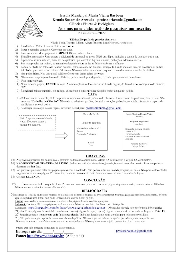 Pesquisa Individual 1º Bimestre - 601 e 602 - Biografia de grandes cientistas