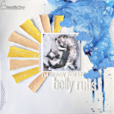 Ready for Belly Rubs Layout by Samantha Mann for Newton's Nook Designs, Scrapbooking, Scrapbook Layout, Mixed Media, Watercolor, Die Cuts, #scrapbook #scrapbooking #scrapbooklayout #mixedmedia #watercolor #newtonsnook #newtonsnookdesigns
