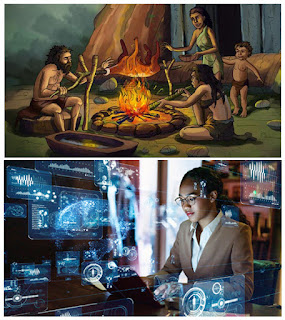 stone age family and a modern computer room