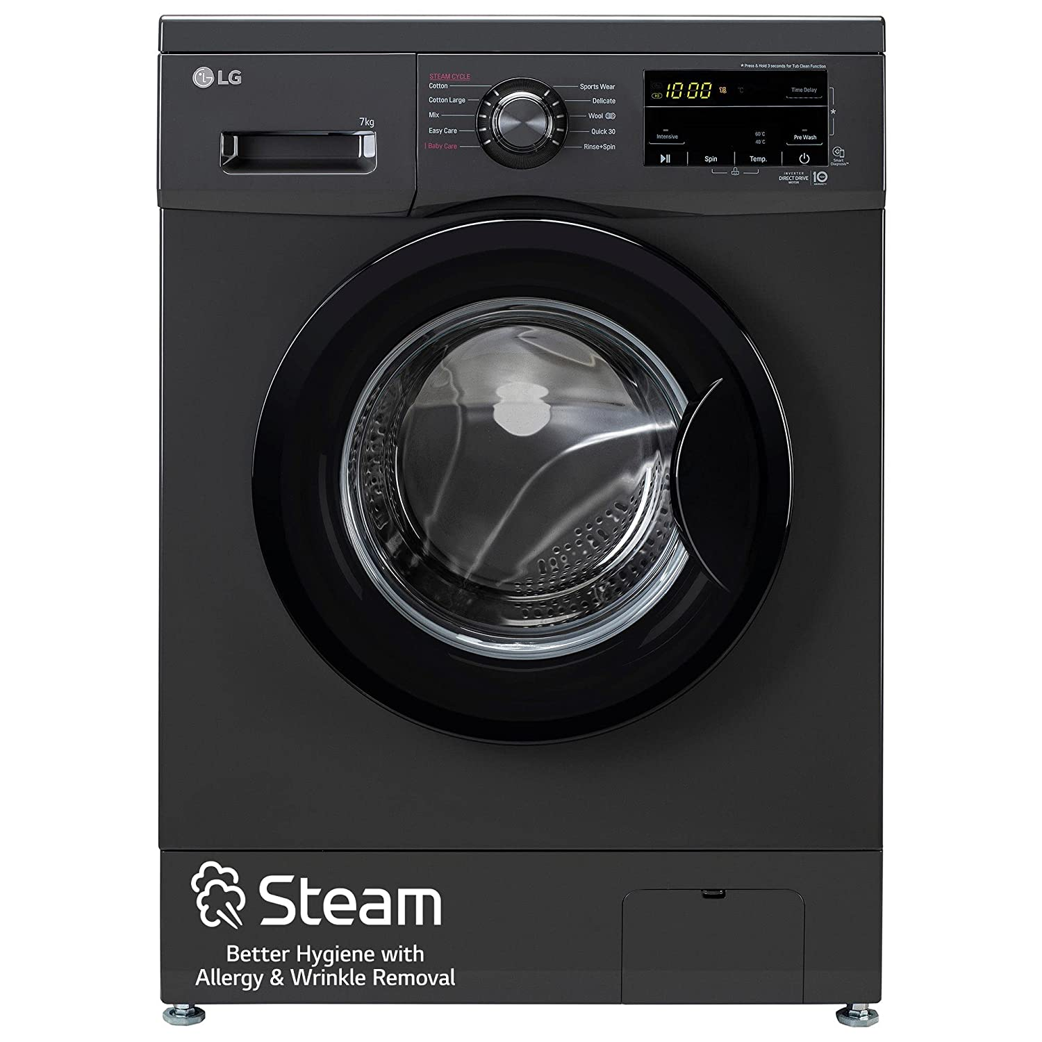 LG 7 Kg 5 Star Inverter Touch panel Fully-Automatic Front Load Washing Machine with In-Built Heater (FHM1207SDM, Middle Black, Steam for Hygiene Wash)