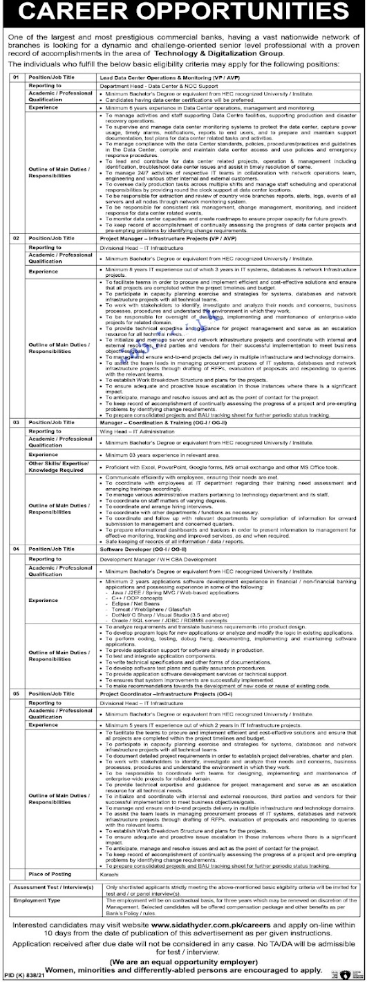 Today Banking Latest Jobs  October 2021 in Pakistan – Apply Online at sidathyder.com.pk