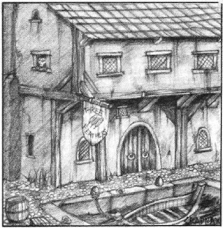 Exterior shot of a dingy, medieval fantasy flavored timbered inn with a three freathers sign near the door. A rowboat is tied up outsied it.