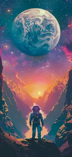 Astronaut standing on an alien planet gazing at a large Earth rising on the horizon, with a vivid starry sky and a gradient sunset backdrop.