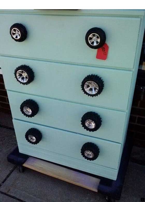 toy car tyre used as drawer bush knob