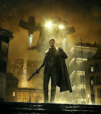 Yellow and black SciFi scene of a man with a gun under a space ship in the rain