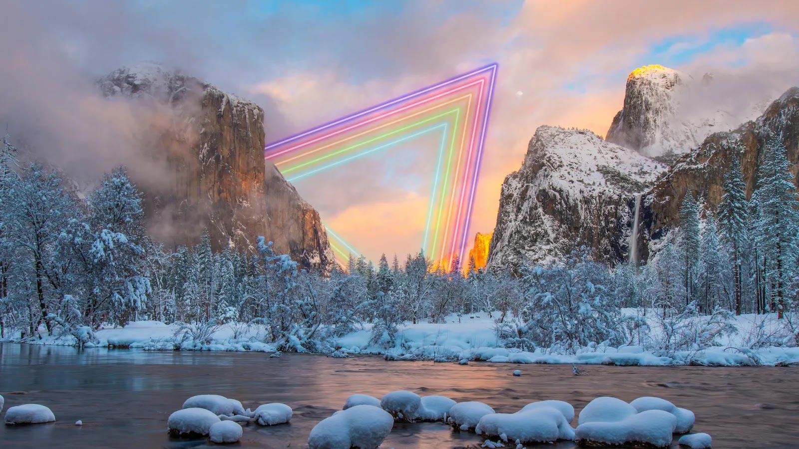 Wintry mountain landscape with a surreal, neon-lit triangular rainbow in the sky.