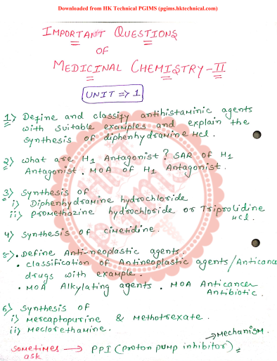 Unit-1 Medicinal chemistry II Solved Important question 5th Semester B.Pharmacy Lecture Notes,BP501T Medicinal Chemistry II,BPharmacy,Handwritten Notes,BPharm 5th Semester,Important Exam Notes,